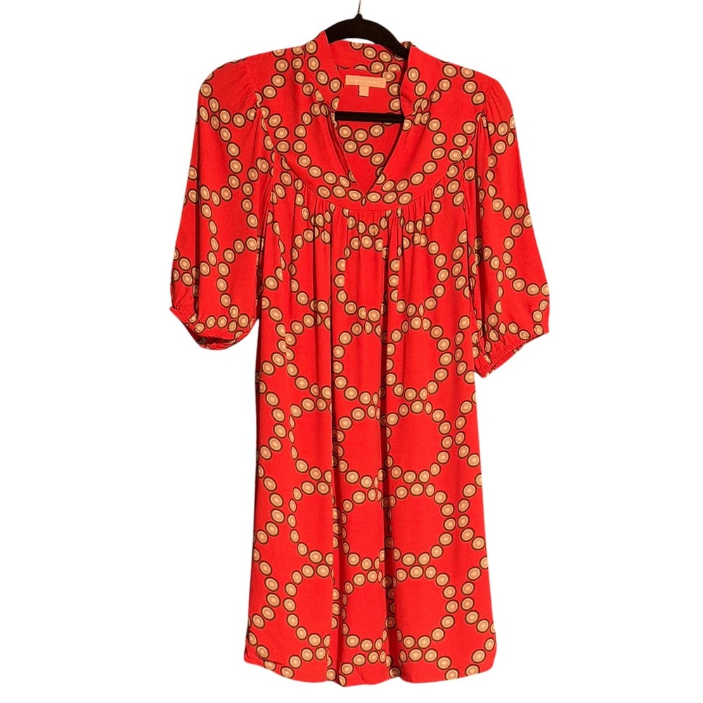 Banana Republic Blouse Womens 4 Red Silk Geometric Ruffle V-Neck Flutter Sleeve